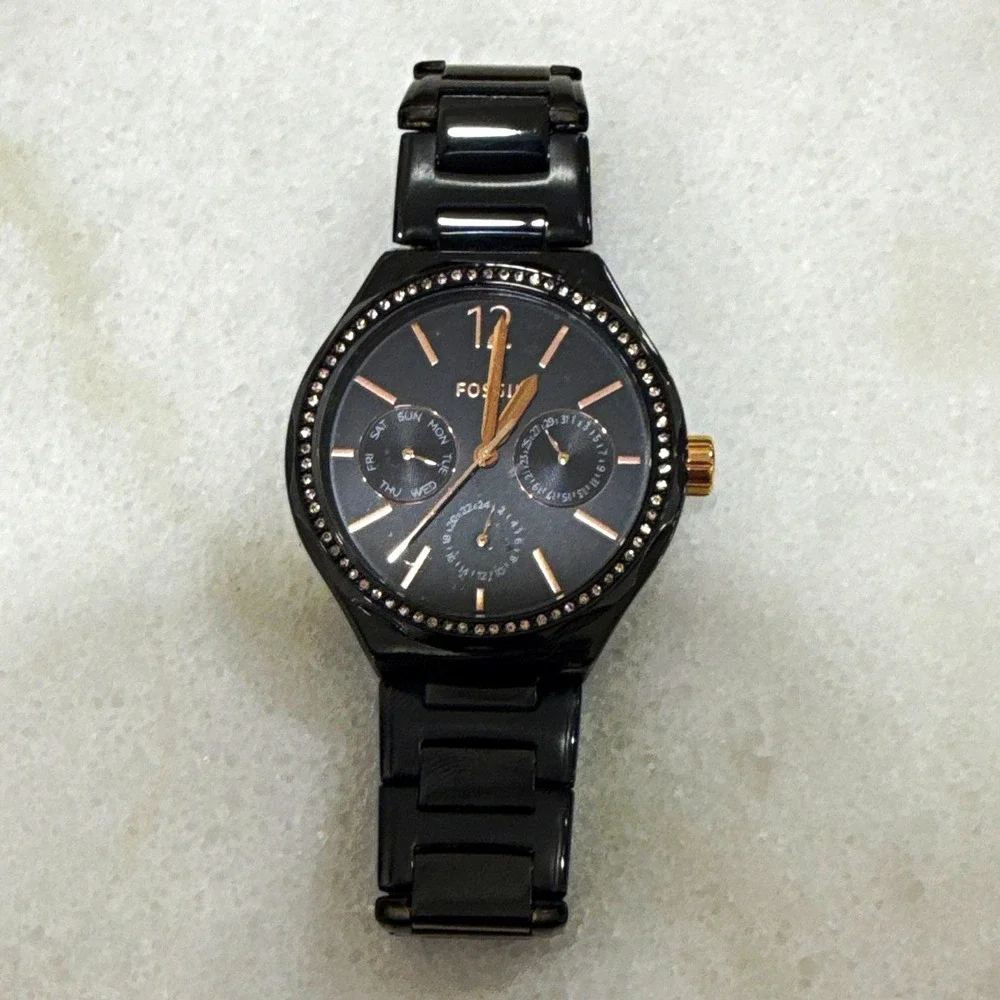 Fossil Women's Black Stainless Steel Quartz Day/Date Multifunction Crystal Bezel